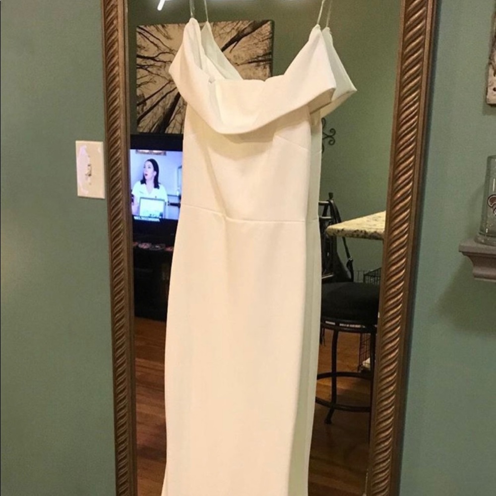 Off-shoulder, fitted white dress
